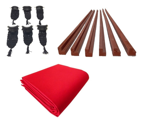 Tecido Vermelho + Borracha + Caçapa Preta P/ Mesa De Sinuca