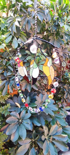 Imagen 6 de 6 de Colgante Jardín 3 Colibrís Esmaltado Cristal Arcoiris