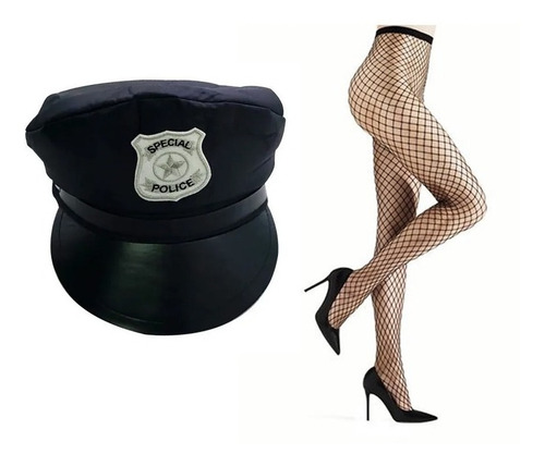 Chapéu Quepe Policial + Meia Arrastão Preto Carnaval Festa