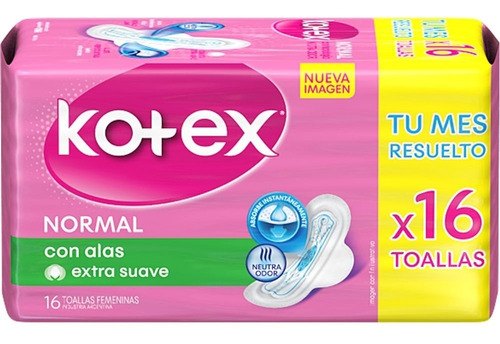 Toallitas femeninas Kotex Normal con alas 16 u