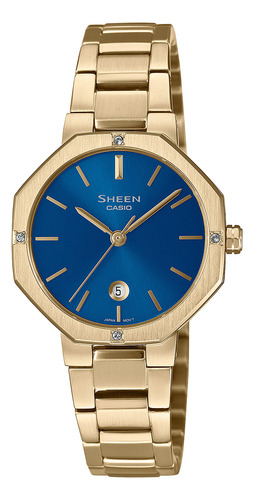 Reloj Mujer Casio She-4543g-2audf Sheen Correa Dorado Bisel Dorado Fondo Azul
