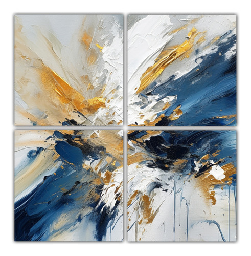 140x140cm Set 4 Cuadros Abstractos Azul, Bronce Y Blanco Ful