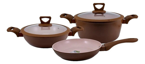 Batería 5 Pzas Ceramica Café Wok, Cacerola Y Sartén - B6150 Color Marrón Oscuro