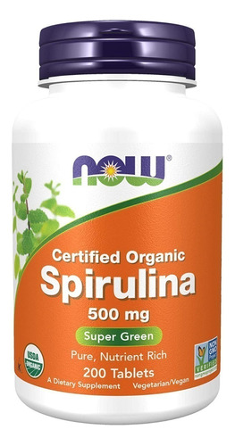 Spirulina 500mg 200tabletas, Espirulina, Now,