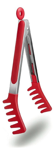 Pinza Fideo Acero Inoxidable Y Silicona Calidad Premium 26cm Color Rojo y Metal