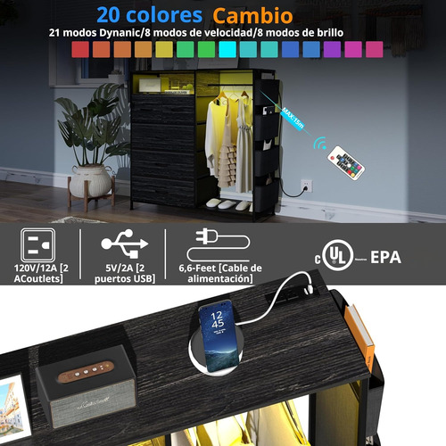 Closet Grande Perchero Con Led De 5 Cajones Y 5 Bolsillo