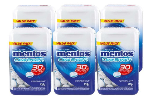 6 Pastilha Mentos Clear Breath Zero Açucar Peppermint 105g