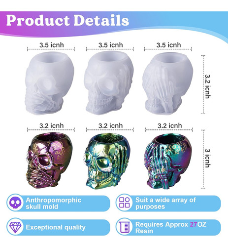 Molde Para Resina Epoxi De Silicona Diseño De Calavera 3 Pz