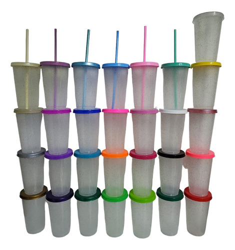 180 Pzas Vaso Popote 16oz Glitter Reusable Frio Y Caliente