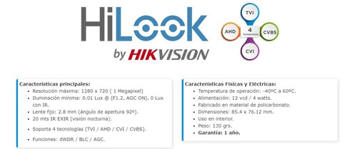 Cámara Domo Hilook 1mp 720p Gran Angular 92° Ir 20 Mts
