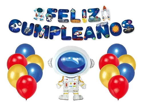 Set Decoracion Cumpleaños Astronauta Globos Banderines 30pcs