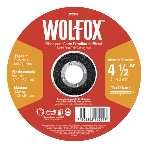 Disco Para Corte Fino De Metal 4.1/2'' Wolfox Tipo 1