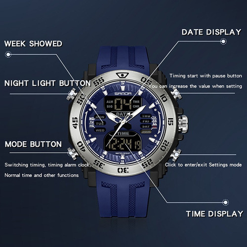 Reloj Electrónico Impermeable Para Hombre Sanda, Luminoso Color Del Bisel Azul