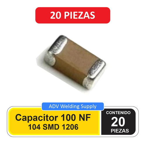 Smd Capacitor 104, 100nf 10% 50v Tamaño 1206, 20 Piezas