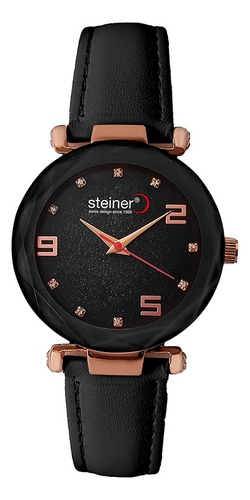 Reloj Análogo Para Dama Steiner Correa De Piel 36mm 3atm Correa Negro Bisel Negro Fondo Negro