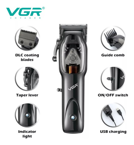 Máquina Vgr V-653 Motor 9000rpm Carbono Recargable Usb Negro