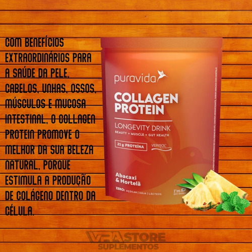 Collagen Protein Pura Vida 450g + Colágeno Verisol Puravida Sabor Abacaxi com hortelã