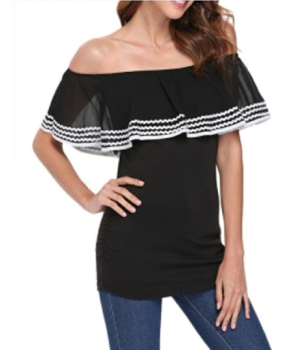 Blusa Negra Volado Crepe Xl Talle Grande Especial Larga