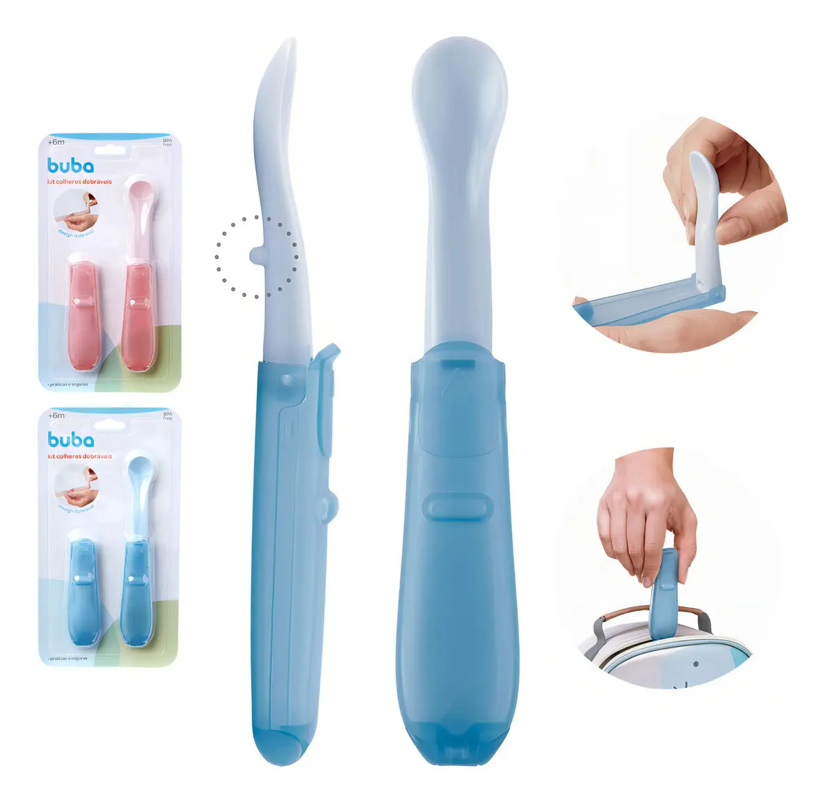 Kit 2 Colheres Dobráveis Portáteis Para Bebê Com Apoio Buba Cor Azul