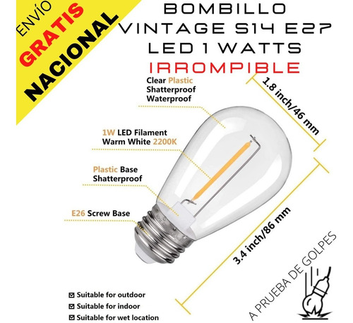 Bombillo Vintage 1 Fila Antigolpe Plastico E27 S14 Extension