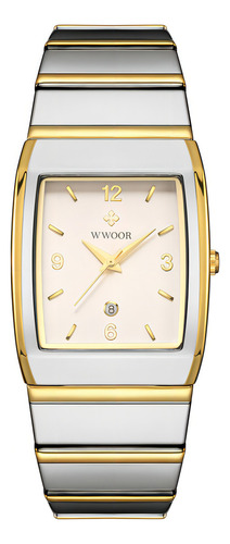 Relógio de pulso analógico Wwoor 8888 para homens, fundo branco, com pulseira colorida de aço inoxidável, moldura dourada prateada e fivela simples