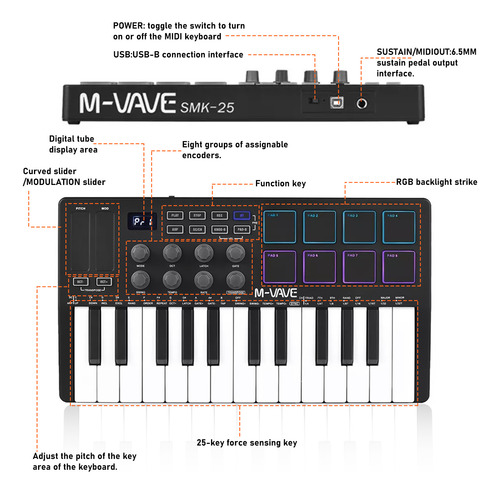 Teclado Usb Portátil M-vave De 25 Teclas Con Control Midi