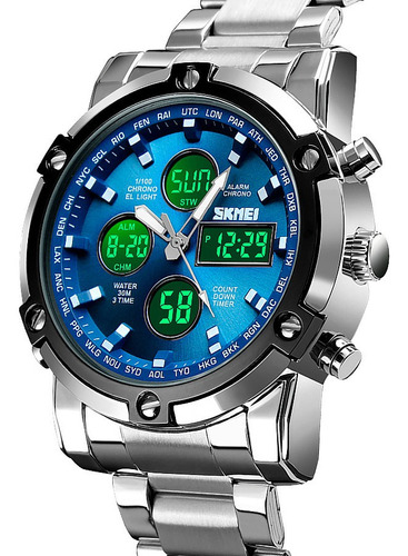 Reloj pulsera Skmei 1389 con correa de acero inoxidable color plateado - fondo azul - bisel negro/plateado