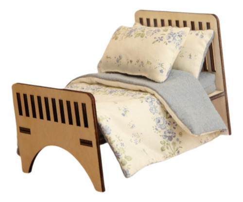 Cama De Madera En Miniatura De Casa De Muñecas Con Floral