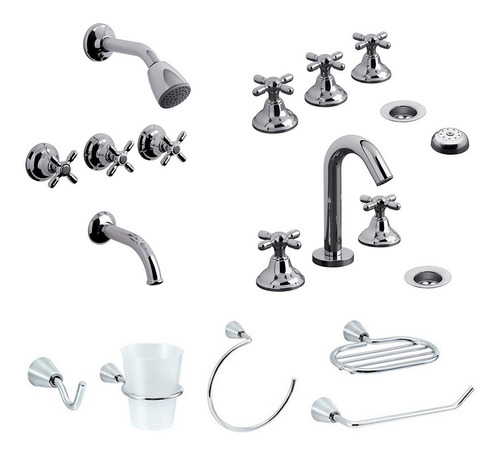 Griferia Fv Baño Completa Juego Newport + Set 5p Accesorios