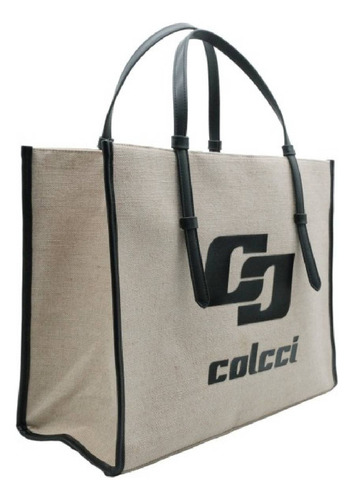Bolsa Colcci Feminina Shopping Bag Duplo C Cor Palha/preto Correia De Ombro Preto Desenho Do Tecido Liso