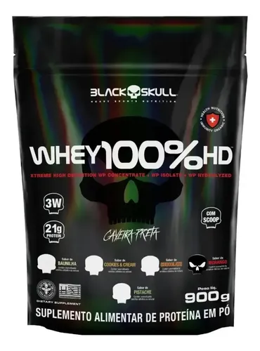 Whey Black Skull 100% Hd Refil 900g Caveira Preta Sabor Morango - R$ 78,99