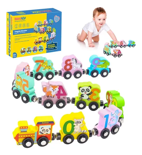 Brastoy brinquedos Montessori Construção Conjunto de trem magnético de madeira com animais 11 peças