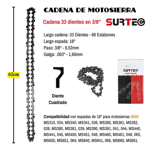 Cadena Surtec 33 Dientes 3/8 063 Para Stihl Ms382 18 PuLG