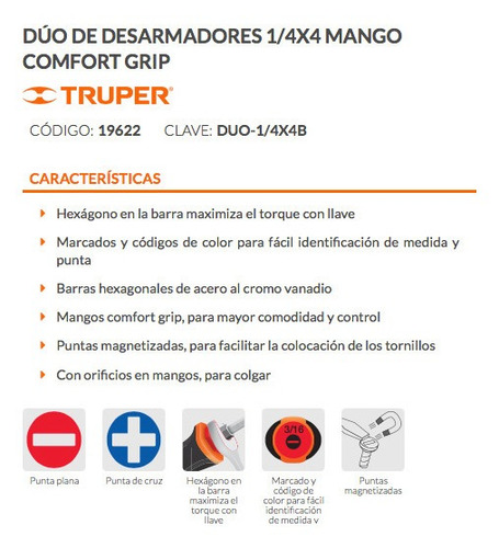 Imagen 2 de 6 de 19622 Truper Duo De Desarmadores 1/4 X 4 Mango Comfort Grip