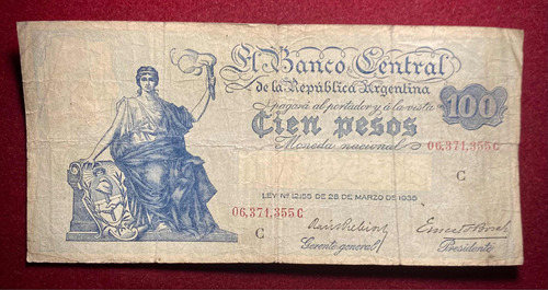 Billete 100 Pesos Progreso 1938 Argentina Bottero 1896
