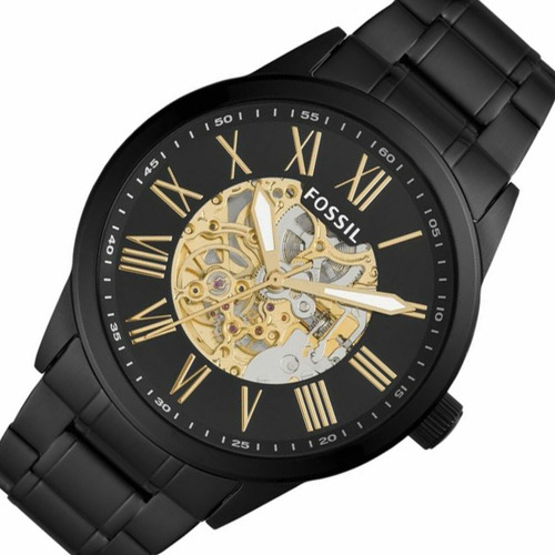 Reloj Fossil Extensible Metálico Automatico Bq2092 Correa Negro Bisel Negro Fondo Dorado