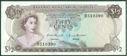 Bahamas Billete 1/2 Dólar - 50 Cents 1968 Serie D Exc+