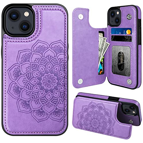 Funda Para iPhone 15 Prta Tarjetas Flip Mandala Cuero Violet