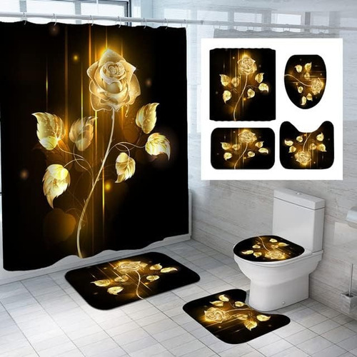 Cortina Baño Juego 4 Piezas Set Alfombras Ducha Inodoro Negro Rosas