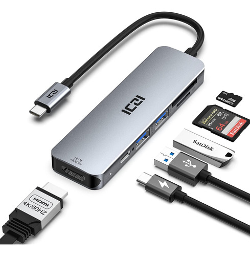 Concentrador Usb-c 4k 60 Hz Hdmi, Adaptador Iczi 6 En 1 Usb 