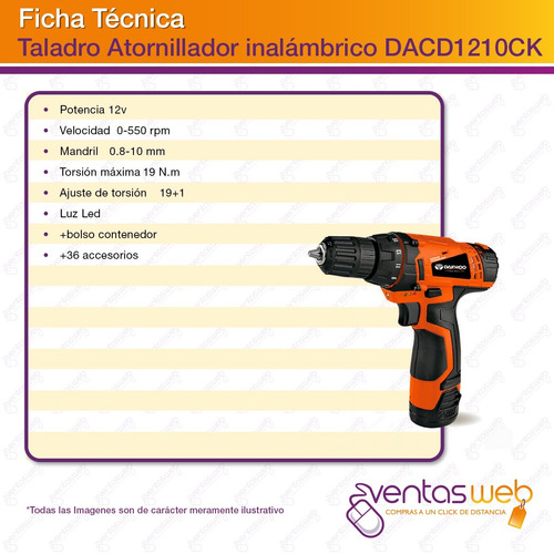 Imagen 3 de 4 de Atornillador Inalambrico 12 V Daewoo + 36 Accesorios + Bolso