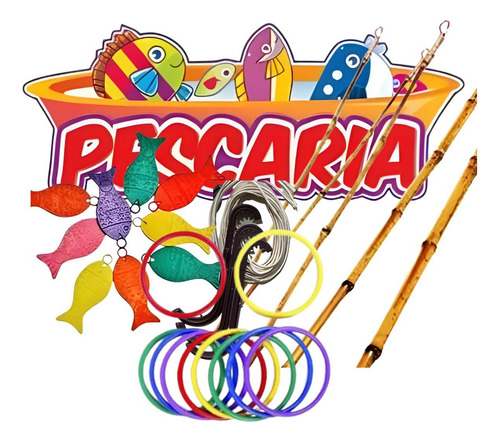 Kit Pescaria + Argola Festa Junina Roça Arraia Quadrilha Cor 1 Painel Pescaria 3 Varas 12 Argolas 20 Peixes Areia 3 Gancho 3 Barbantes