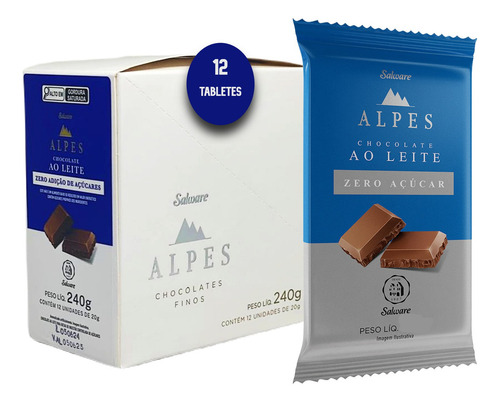 Kit C/ 12un Chocolate Salware Alpes Ao Leite Zero Açúcar 20g