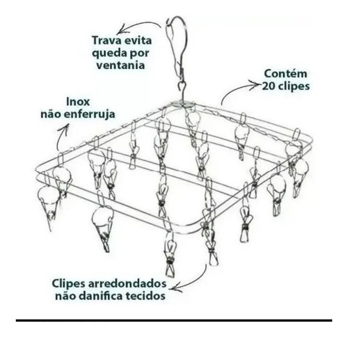 Varal Calcinha Roupas Intimas Meias 100% Inox 20 Clipes Teto