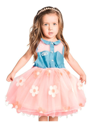 Vestido Infantil Menina Festa De Brim Com Tule Florido