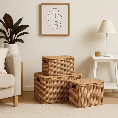 3 Cestos Caixa Organizador Tipo Vime Quarto Banheiro Rattan Palha