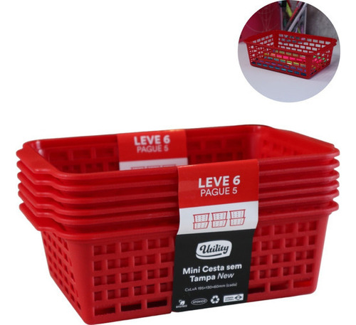 Kit Mini Cesta New Sem Tampa Leve 6 Pague 5 Utility Cor Vermelho