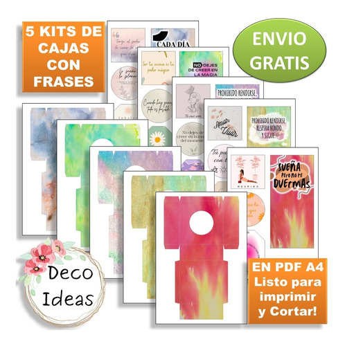 Imagen 1 de 4 de Kit Imprimible 05 Caja Portamaceta Frase Positiva + Tarjetas