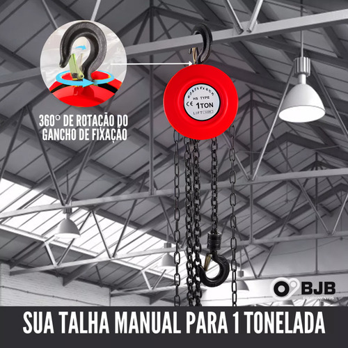 Talha Manual 1 Tonelada 1000 Kg Com Corrente Aço 5 Mt
