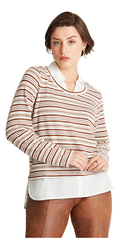 Polera Camant Rayada Con Blusa Falsa Beige